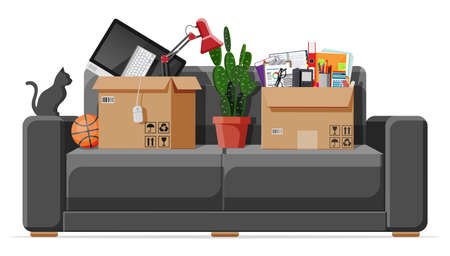 Moving to new house. Family relocated to new home. Sofa with paper cardboard boxes with various household items. Package for transportation. Computer, lamp. Vector illustration in flat styleのイラスト素材