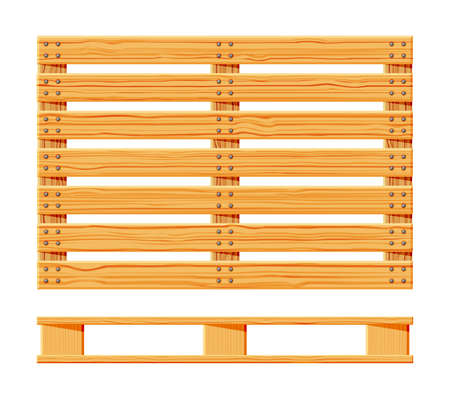 Wooden pallet icons. Cartoon wood pallet isolated on white. Top view, front and side view. Flat vector illustration.のイラスト素材