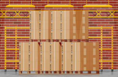 Warehouse interior with goods and container package boxes. Pile cardboard boxes set. Carton delivery packaging open and closed box with fragile signs. Vector illustration in flat styleのイラスト素材