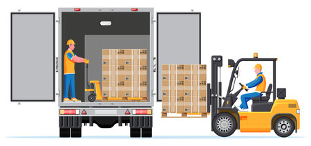 Forklift loading pallet boxes into truck in rear view. Electric uploader loading cardboard boxes in delivery vehicle. Logistic and shipping cargo. Warehouse storage equipment. Flat vector illustrationのイラスト素材
