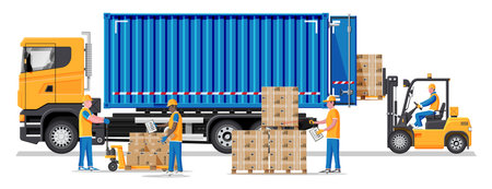 Forklift loading pallet boxes into truck. Warehouseman with checklist. Electric uploader loading cardboard boxes in delivery car. Logistic shipping cargo. Storage equipment. Flat vector illustrationのイラスト素材