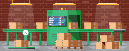 Conveyor belt machine concept interior. Modern factory equipment. Warehouse process service. Package X-ray baggage. Security, logistic and delivery. Cartoon flat vector illustrationのイラスト素材