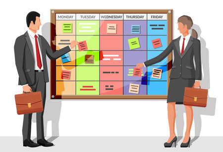 Scrum agile board, business people. Bulletin board hanging on wall full of tasks on sticky note cards. List of event for employee. Development, team work, agenda, to do list. Flat vector illustrationのイラスト素材