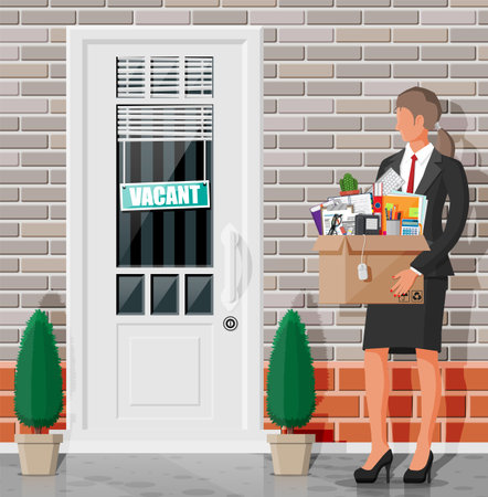 Street door with vacancy sign. Employee with box full of office goods. Hiring and recruiting. Human resources management, searching professional staff, work, resume. Flat vector illustrationのイラスト素材