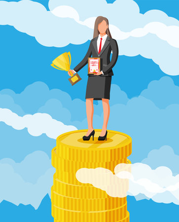 Businesswoman holding trophy, showing award certificate celebrates victory. Stacks of golden coins. Business success triumph goal achievement. Winning of competition. Flat vector illustrationのイラスト素材