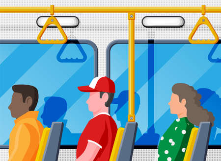 Interior of bus salon. Public city transport. Empty lounge inside modern bus. Seats, windows and handrail. Handles for safety transportations of passengers. Cartoon flat vector illustrationのイラスト素材