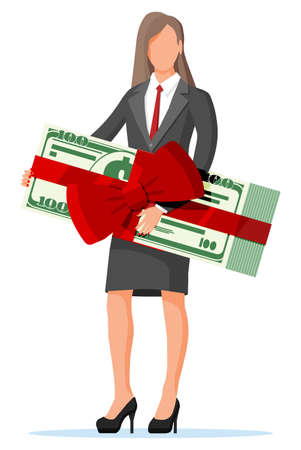 Successful businesswoman celebrates victory holding dollar bundle with ribbon and bow. Business success, triumph, goal or achievement. Winning of competition. Vector illustration flat styleのイラスト素材