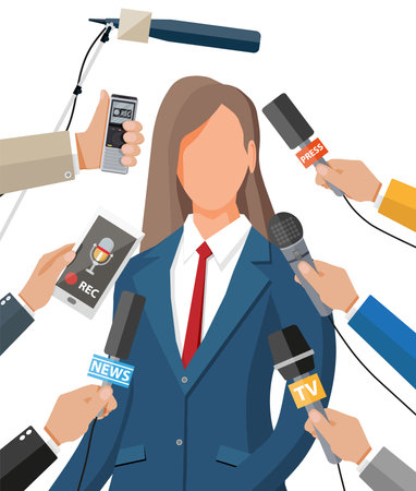 Public speaker. Rostrum, tribune and hands of journalists with microphones and digital voice recorders. Press conference concept, news, media, journalism. Vector illustration in flat styleのイラスト素材