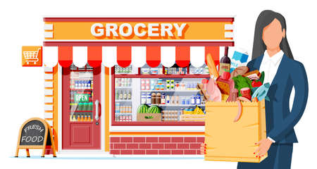 Grocery store and women customer. Wooden and brick facade. Glass showcase of boutique. Small european style shop exterior. Commercial, property, market or supermarket. Flat vector illustrationのイラスト素材