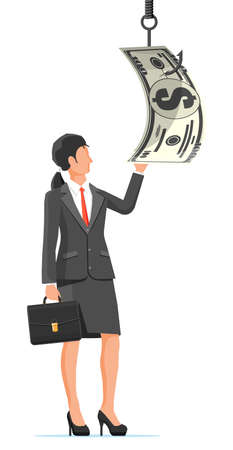 Businesswoman trying to get dollar on fishing hook. Money trap concept. Hidden wages, salaries black payments, tax evasion, bribe. Anti corruption. Vector illustration in flat styleのイラスト素材