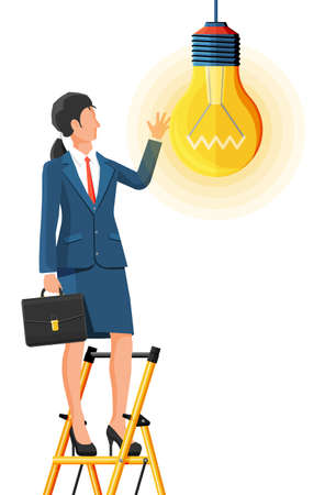 Businesswoman with biefcase on ladder creates new idea. Concept of creative idea or inspiration, business start up. Glass bulb with spiral in flat style. Vector illustrationのイラスト素材