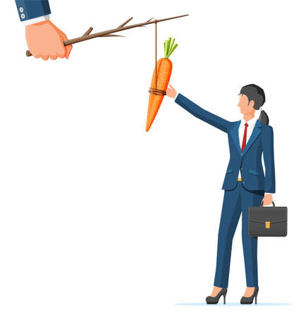 Carrot on a stick and businesswoman. Motivation, stimulus, incentive and reaching goal concept metaphor. Fishing wooden stick with hanging carrotのイラスト素材