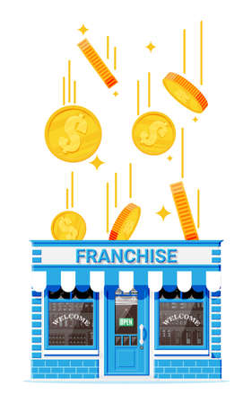 Franchise business for sale. Franchising shop building or commercial property. Real estate business promotional, sme startup crowdfunding. Selling buying new business. Flat vector illustrationのイラスト素材