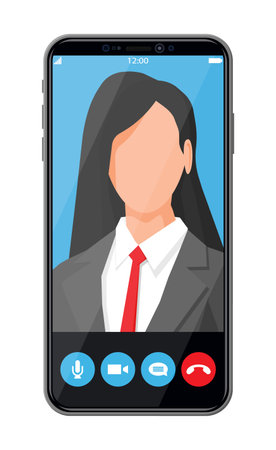 Incoming video call on smartphone. Video chat with female character. Photo of woman, decline and accept buttons on screen. Online meeting, videocall, webinar or training. Flat vector illustrationのイラスト素材