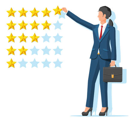 Businesswoman puts rating. Reviews five stars. Testimonials, rating, feedback, survey, quality and review. Vector illustration in flat styleのイラスト素材