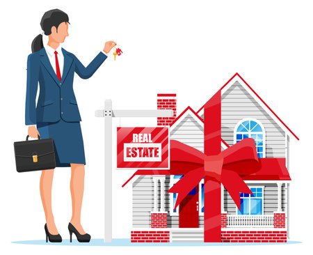 Suburban house, businesswoman or realtor holding key. Wooden placard with real estate sign. Mortgage, property and investment. Buy sell or rent realty. Flat vector illustrationのイラスト素材