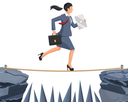 Businesswoman in suit walking on rope with briefcase. Business woman walking on tightrope gap. Obstacle on road, financial crisis. Risk management challenge. Vector illustration in flat styleのイラスト素材