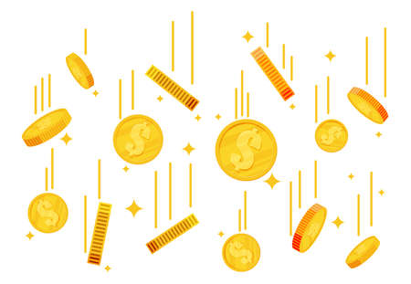 Falling gold coins. Money rain. Golden coins with dollar sign. Growth, income, savings, investment. Symbol of wealth. Business success. Flat style vector illustration.のイラスト素材