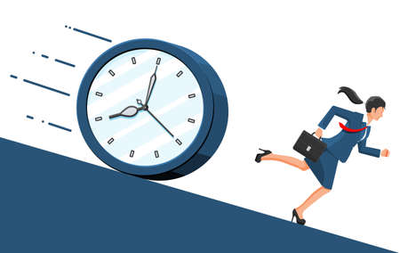 Big clock and businesswoman is fast running with waving necktie and briefcase. Business woman rushing hurry to get on time. Time is money. Flat vector illustrationのイラスト素材