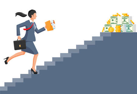 Businesswoman climbs up ladder to money. Goal setting. Smart goal. Business target. Achievement and success. Concept of success career growth. Achievement and goal. Flat vector illustrationのイラスト素材