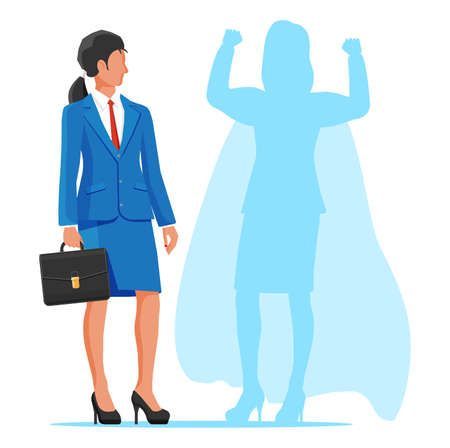 Businesswoman with superhero shadow. Super hero business woman shows muscles. Ambition and business success concept. Achievement and goal. Vector illustration in flat styleのイラスト素材