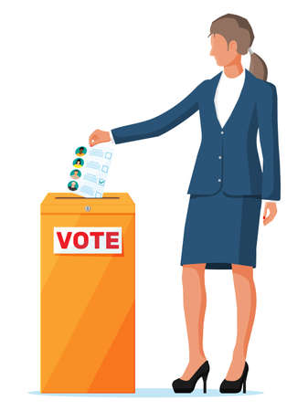 Woman putting document with candidates in ballot box. Hand with election bill. Vote paper with faces. Vector illustration in flat styleのイラスト素材