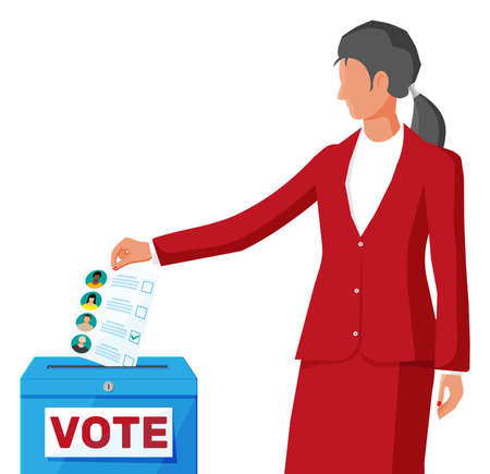 Woman putting document with candidates in ballot box. Hand with election bill. Vote paper with faces. Vector illustration in flat styleのイラスト素材