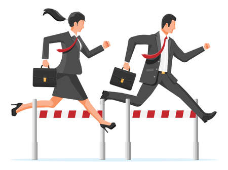 Business man and woman competing in steeplechase race. Businesswoman and businessman jumping over barrier. Financial crisis. Risk management challenge. Achievement and goal. Flat vector illustrationのイラスト素材