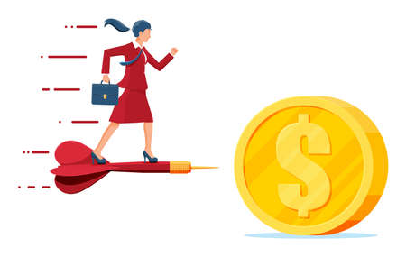 Businesswoman on dart arrow in dollar coin target. Goal setting. Smart goal. Business target concept. Achievement and success. Vector illustration in flat styleのイラスト素材