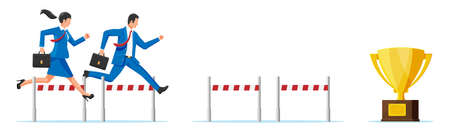 Business man and woman competing in steeplechase race. Businesswoman and businessman jumping over...
