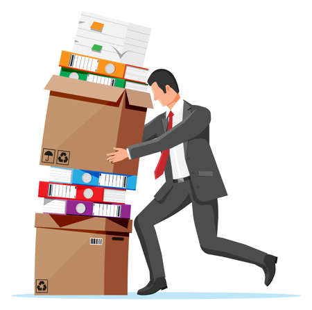 Stressed businessman pushing pile of documentsのイラスト素材