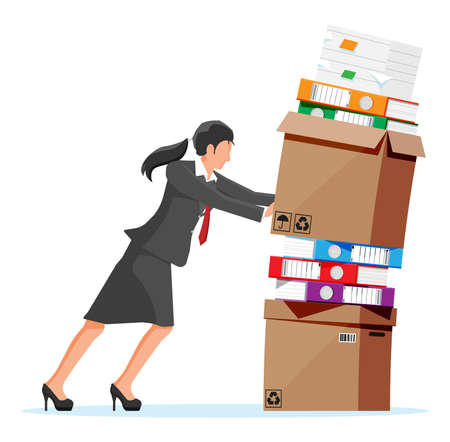 Stressed businesswoman pushing pile of documentsのイラスト素材