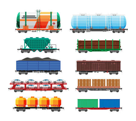 Set of train cargo wagons, cisterns, tanks, carsのイラスト素材