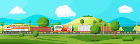 Cargo rail transportation, nature landscapeのイラスト素材