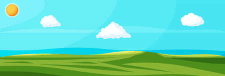 Empty green landscape with sky, clouds and sun.のイラスト素材