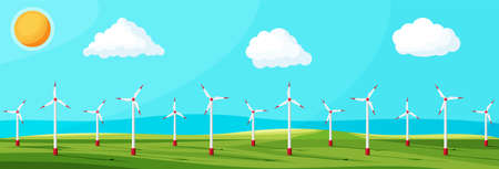 Wind farm in green fields among trees.のイラスト素材