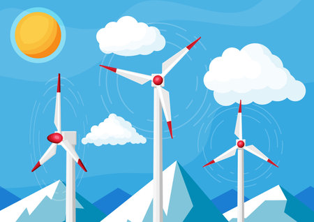 Wind Farm In Fields Among Mountains.のイラスト素材