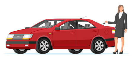 Passenger Car and Businesswoman Holding Key.のイラスト素材