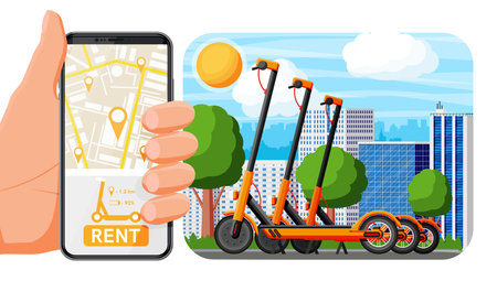 Renting Electric Scooter Landscape Conceptのイラスト素材
