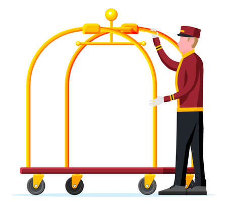Empty Hotel Luggage Cart and Bellhop Character.のイラスト素材
