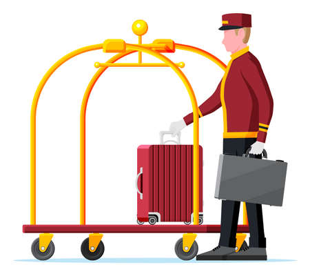 Hotel Luggage Cart Full of Luggage and Bellhopのイラスト素材