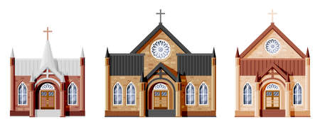 Exterior of Catholic or Protestant Church Set.のイラスト素材