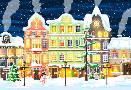 Christmas Card with Urban Landscape and Snowfall.のイラスト素材
