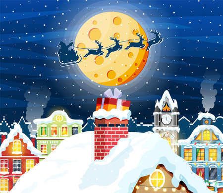 Christmas gifts box with bow in chimney.のイラスト素材