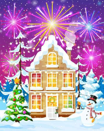 Christmas Card with Urban Landscape and Fireworks.のイラスト素材