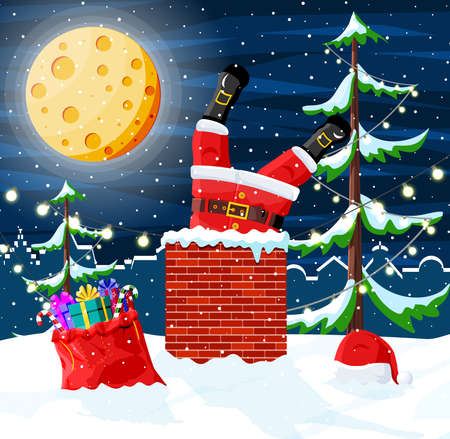 Santa claus with bag with gifts at house roof.のイラスト素材