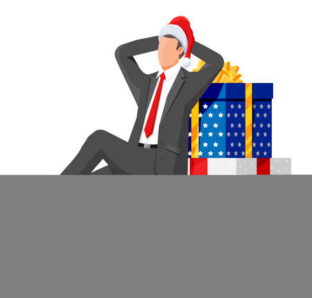 Businessman in Santa Hat and Stack of Presents.のイラスト素材