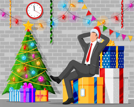 Businessman in Santa Hat and Stack of Presents.のイラスト素材