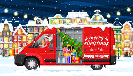 Christmas Delivery Van Truck in Town.のイラスト素材