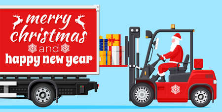 Santa Claus in Forklift with Gift Boxes and Truckのイラスト素材